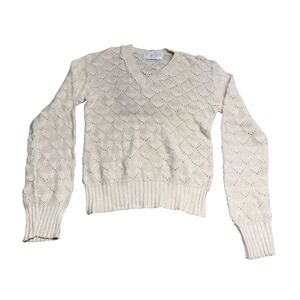 Cue Knits Cream V-Neck Diamond‎ Pattern Knit Sweater Womens M Doily